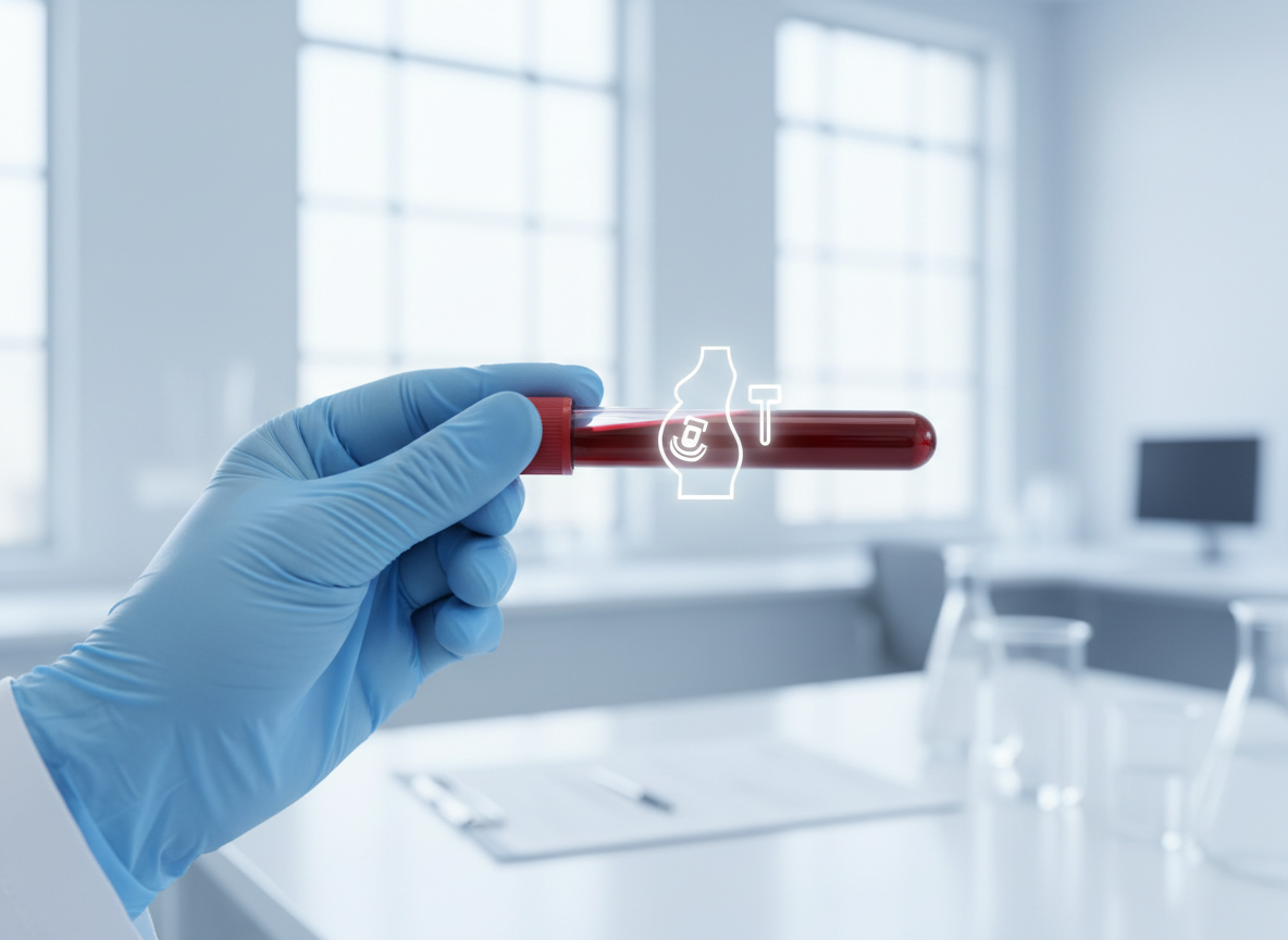 Professional medical lab photography style illustration for a blog article about pregnancy trimester blood tests. A calm, bright clinical setting: a gloved hand holding a blood sample tube with a small ultrasound/pregnancy icon subtly overlaid, soft bright blue and white color palette, clean modern medical laboratory aesthetic, no visible text, no logos, horizontal banner composition, soft natural lighting, trustworthy and reassuring mood